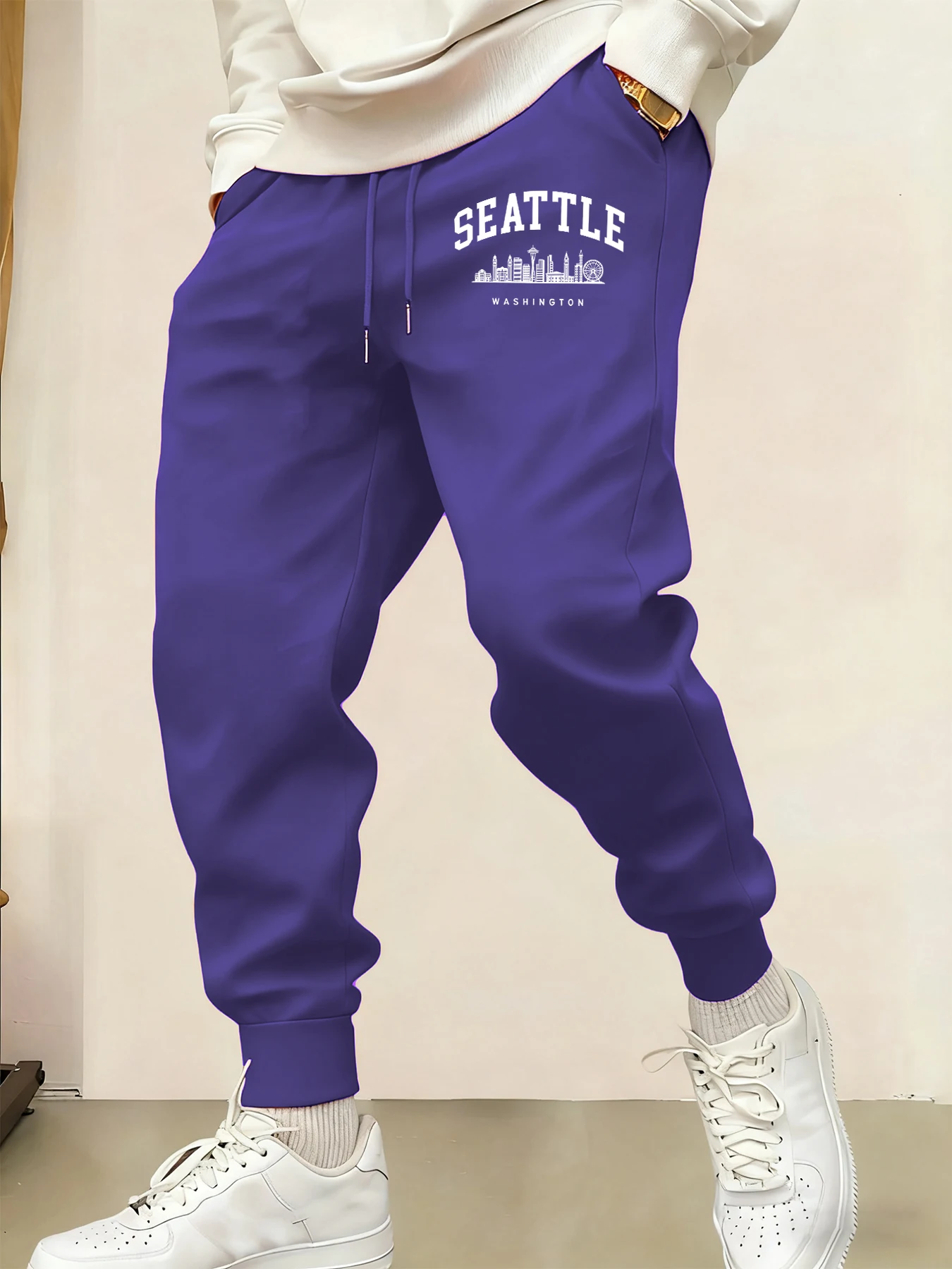 

Seattle Washington Letter Creative Prints Mens Sweatpants Autumn Casual Britches Versatile Pocket Trousers Fleece Jogging Pants