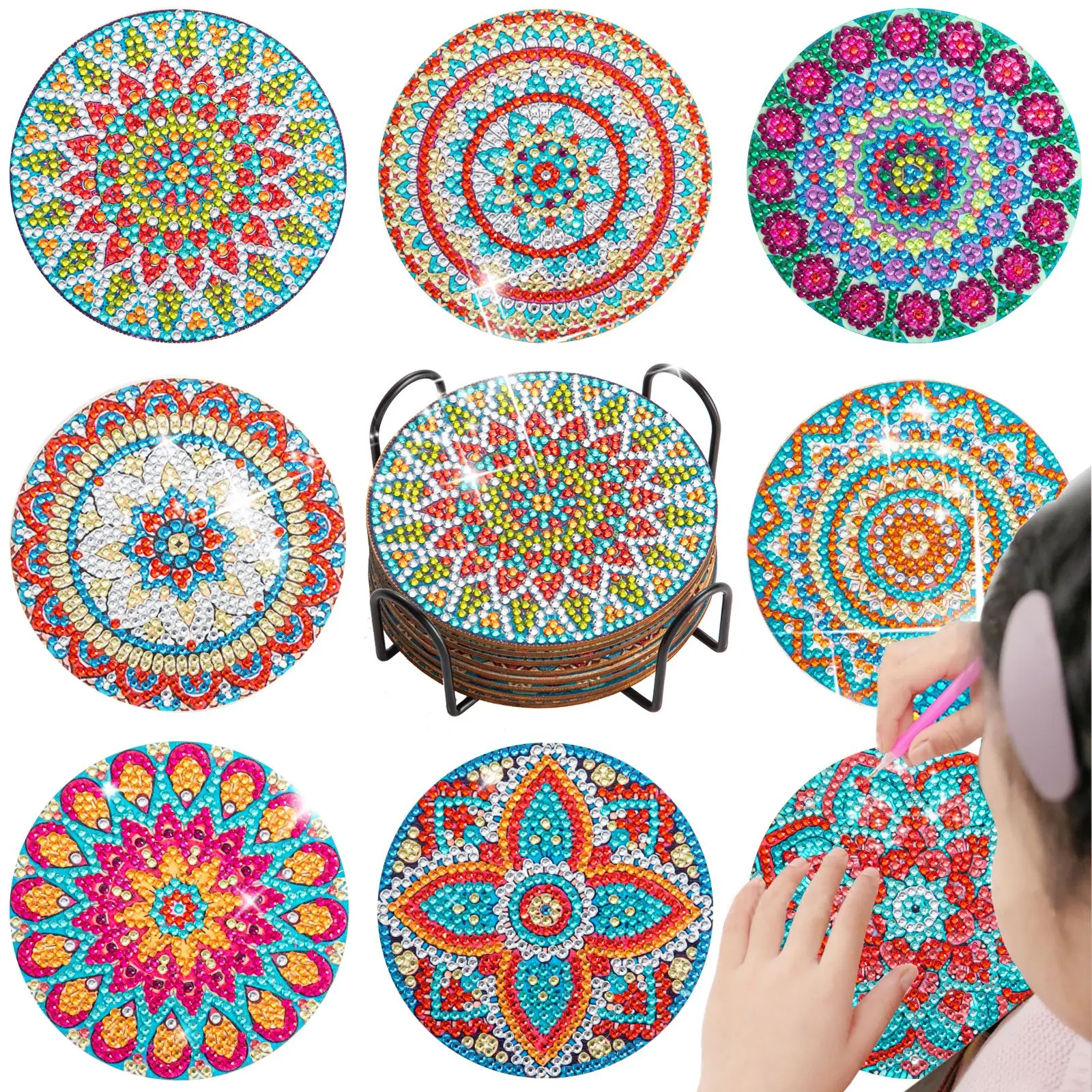 

8pc/sets Mandala Diamond Painting Coasters DIY Diamond Art Coasters 5D Full Drill Diamond Coasters Acrylic Round Cup