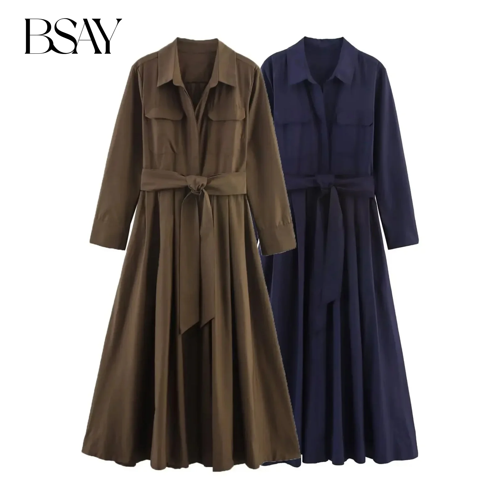 BSAY Poplin Jurk voor Dames Mode Herfst Nieuwe Shirt Stijl Lange Mouwen Single-breasted Revers Frankrijk Vrouwelijke Avondjurken