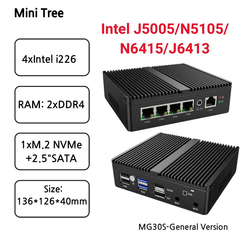 Mini PC industriale senza ventola Computer incorporato J5005 N5105 N6210 Business Home Office Mini PC Firewall Server di rete 4 LAN