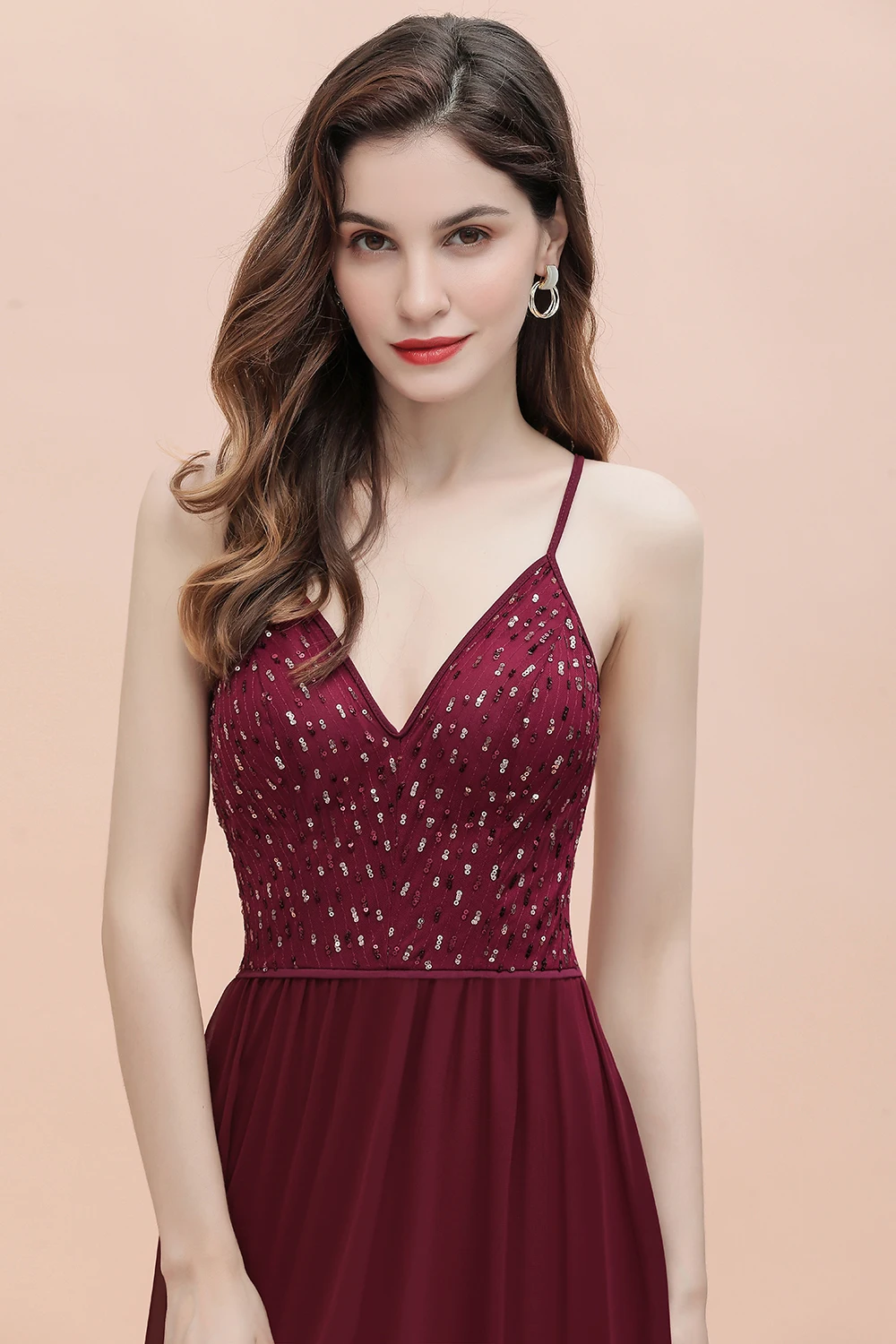 MisShow Burgundy Sequined Evening Dresses for Women Sexy V Neck Spaghetti Straps Wedding Party Evening Prom Fowns Robe De Soiree