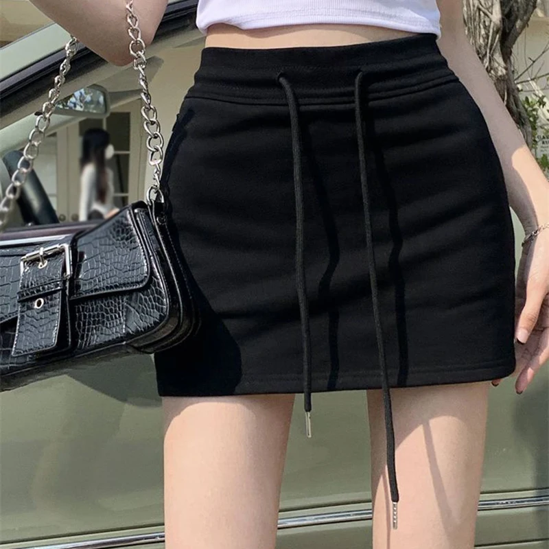 Women Casual High Waist Mini Skirt Drawstring Workout Skirt Midi Bodycon Daily Dresses