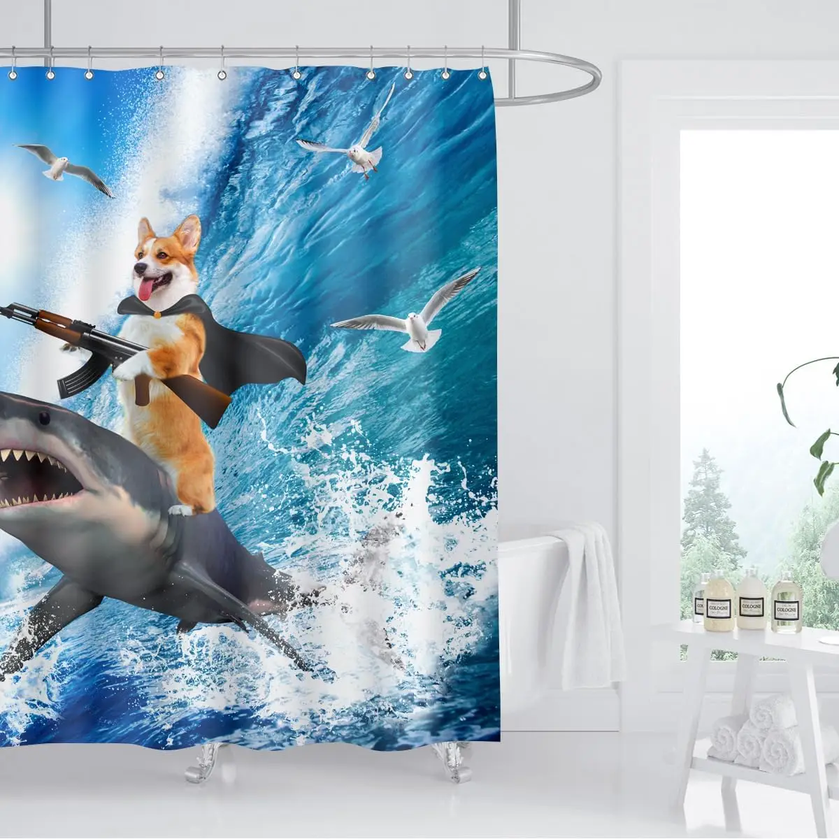 Corgi Shark Ride Shower Curtain Funny Animal Print Ocean Scene Dog With Rifle Wildlife Art Waterproof Bathroom Decor HomeFashion