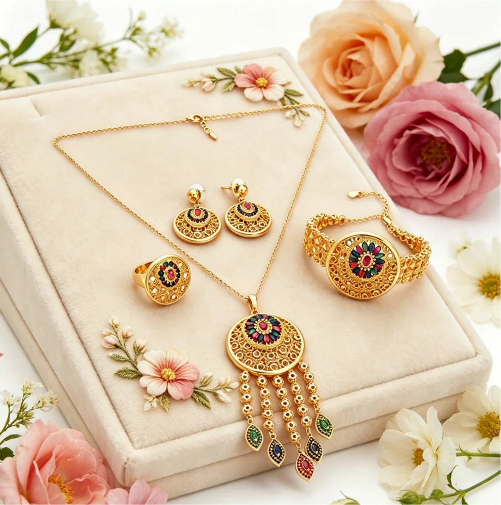 

JRH 4Pcs Elegant Women's Jewelry Set Zirconia Gold Plated Copper with Necklace Earrings Rings Bracelet Sparkling Party