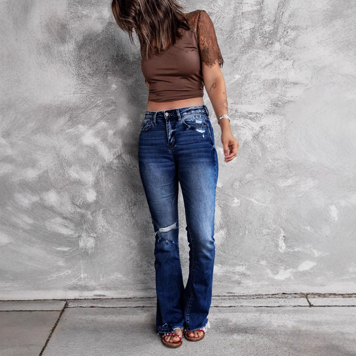 Street Trend Ripped Jeans. European and American Women's Four Seasons Fashion Rough Selvedge Denim High Waist Micro Flare Pants