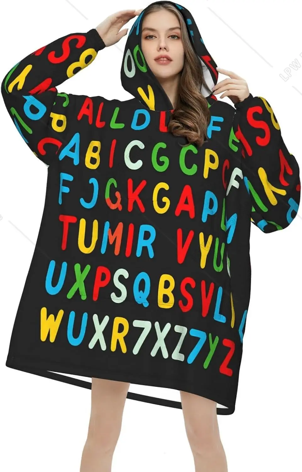 Colorful Alphabet Wearable Blanket Hoodie Letter Education Oversized Sweatshirt Blanket Cozy Warm Sherpa Hooded Blanket