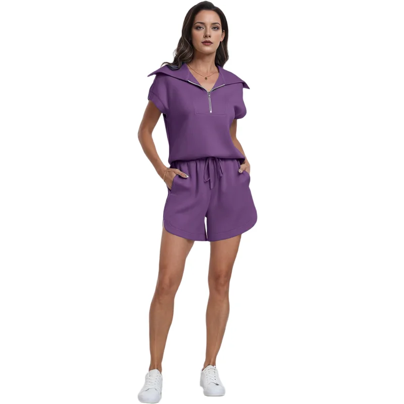 

ABP-Women Summer Half Zip Short Outfits Sweat Lounge Tracksuit Tops