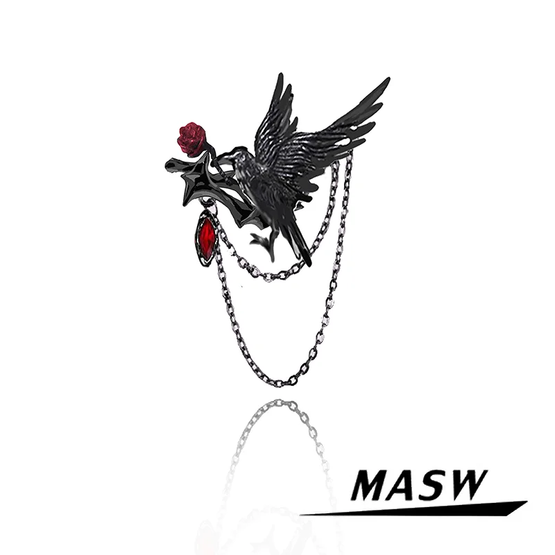 MASW Original Design Hiphop Cool Hot Girl Style Red Crystal Black Bird Brooch For Women Party Gift Modern Jewelry Accessories