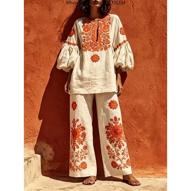 Women Boho Linen 2 Piece Outfit Floral Print Lantern Sleeve O Neck Blouse Wide Leg Pants Vintage Holiday Beach Matching Sets