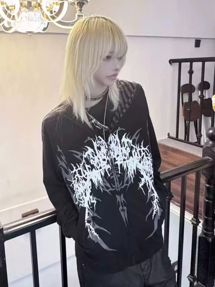 Y2k Punk Subculture Hooded Sweatshirts Women Striped Print Jackets Coats Korean Fashion American Vintage Casual Loose Daily Tops