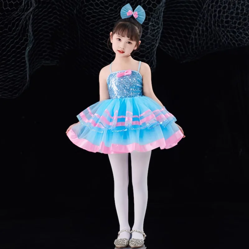 الترتر ملابس رقص الفتيات غنائية المعاصرة حرة الأزرق فستان رقص حديث الفتيات الأطفال مرحلة ارتداء مهرجان الاحتفال