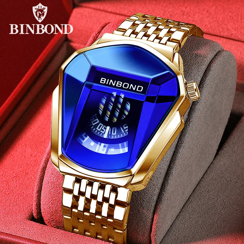 BINBOND 01 Fashion Luxury Unique Military Motorcycle Stainless Steel Business Sports Men's Golden Watch Style Concept With box