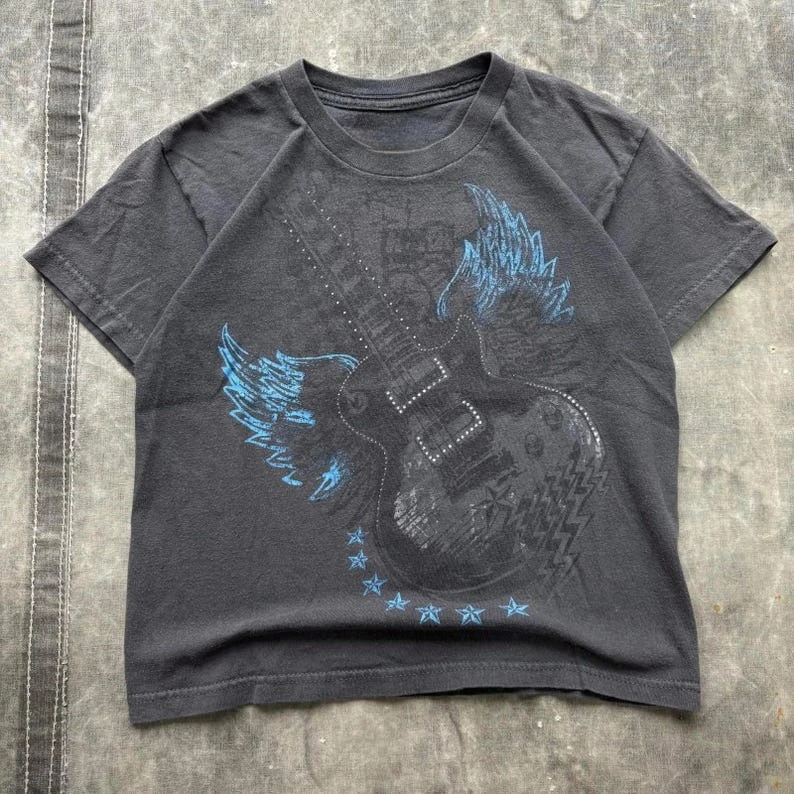 Vintage Y2K Affliction Guitar Wings Grunge Graphic Short Sleeve Print T-shirt Men Women Cotton Harajuku Vintage Streetwear Tops