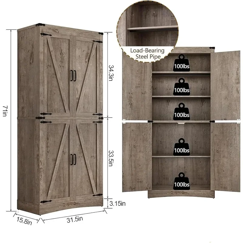 Tall Kitchen Pantry,Farmhouse Storage Cabinet with Adjustable Shelves,Load-Bearing Steel Pipe,Farmhouse Pantry Cabinet with Barn