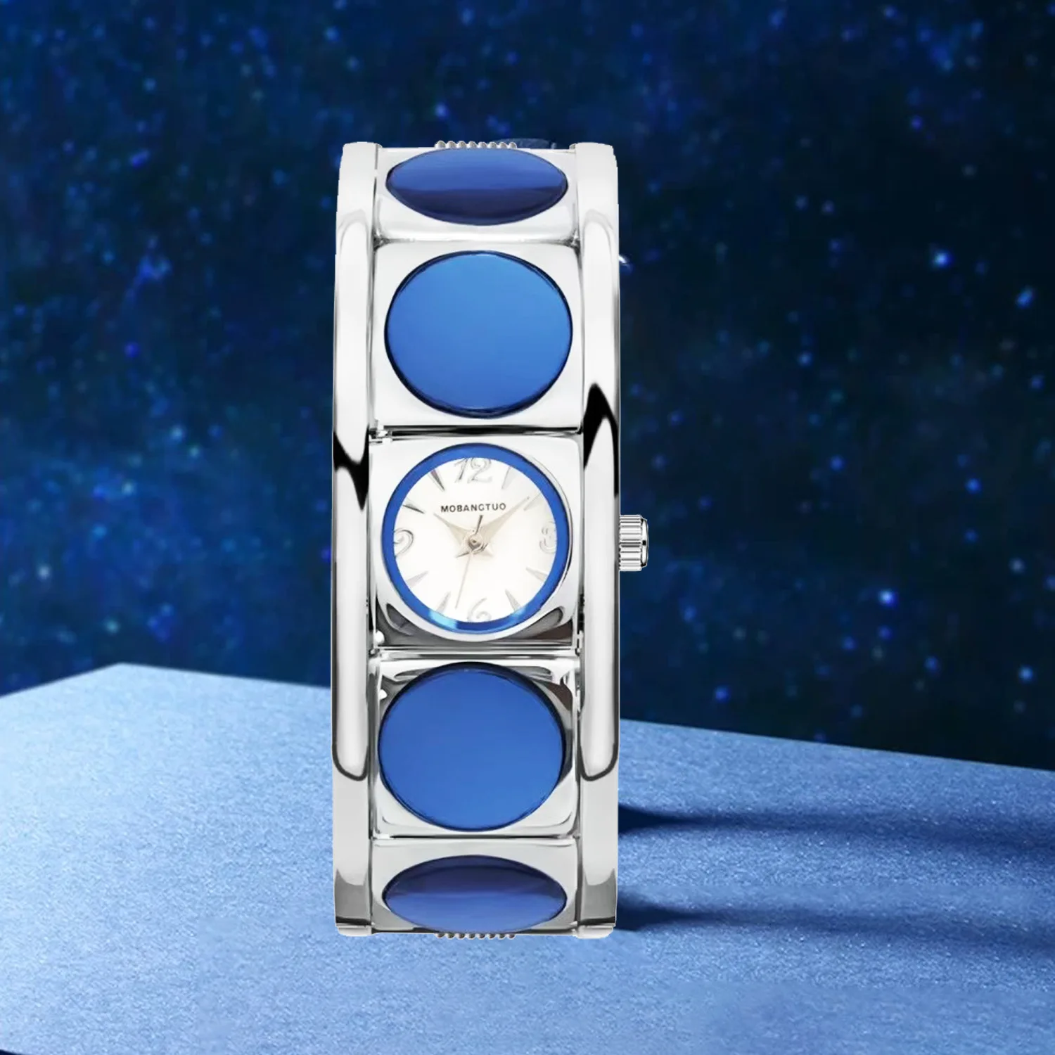 

Elegant ladies' watchhigh-end bracelet watch for womensilverblue open braceletwomen's watch, high-value artistic bracelet watch