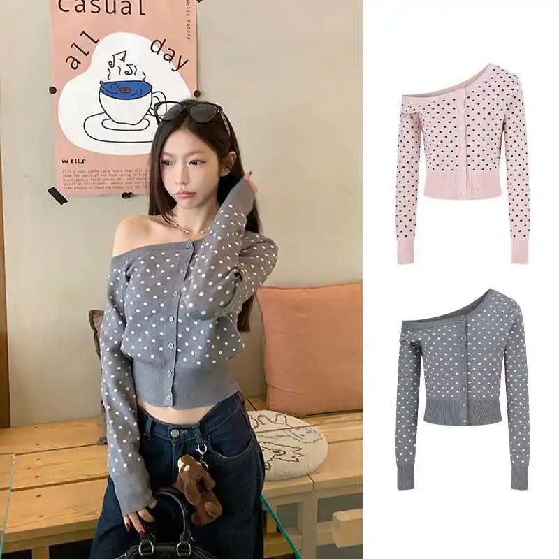 

Cardigan Polka Dot Design Autumn Winter Fashion Stylish Straight Cut Urban Style Women's Knitted Long Sleeve Slim Fit Sweater