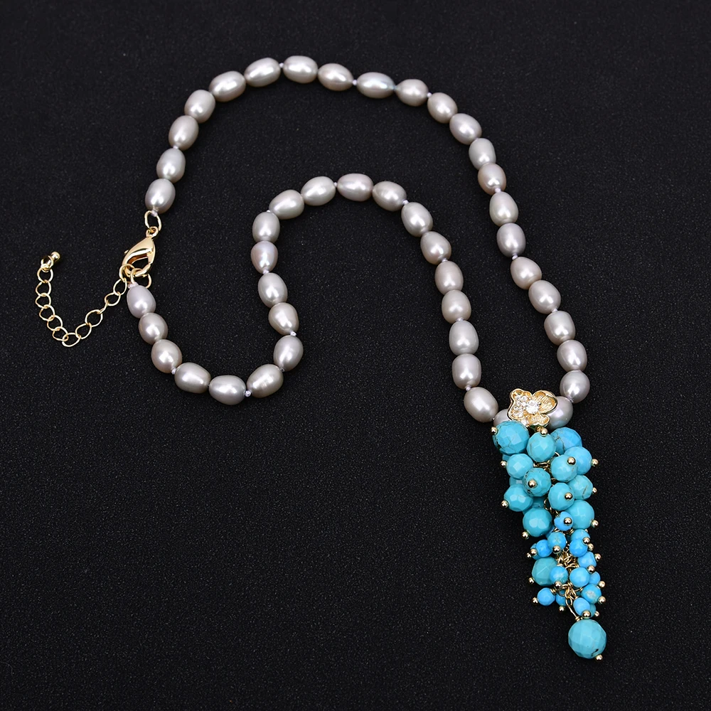 GG Cultured Gray Rice Pearl Necklace Handmade Blue Turquoise Pendant Tassels Simple Lady Gifts