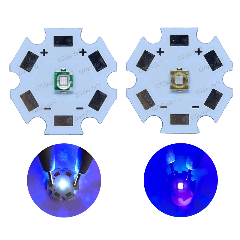 رقاقة مصباح LED عالية الطاقة باللون البنفسجي فوق البنفسجي ، حبات الضوء فوق البنفسجي مع ثنائي الفينيوم ، 365 نانومتر ، 370 نانومتر ، 385 نانومتر ، 39 نانومتر ، 400 نانومتر ، 410 نانومتر ، 420 نانومتر ، 3 واط ، 1-50