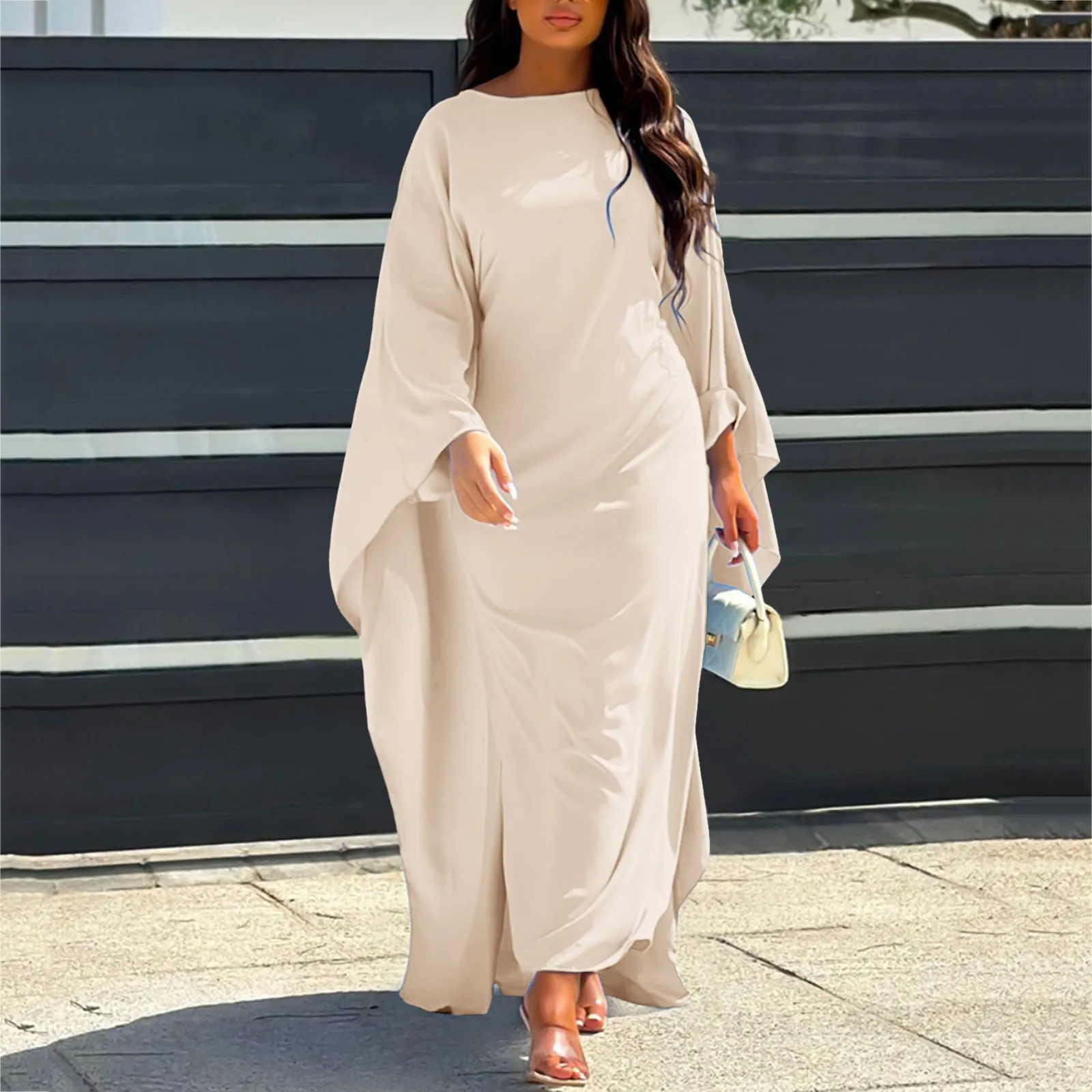 Autumn Fashion Satin Party Dress Robe Abaya Muslim Women Elegant Solid Round Neck Bat Sleeves Loose Maxi Dress Women