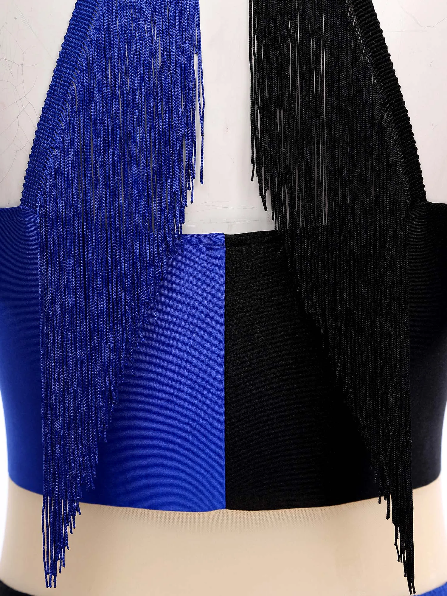 여성 라틴 재즈 댄스웨어 대비 컬러 술 라틴 댄스 점프 슈트 탱고 차차 퍼포먼스 의상 계층화 된 프린지 레오타드