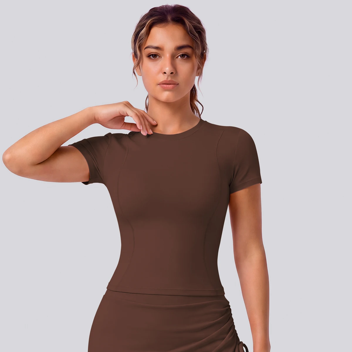 Rooftrellen Schnelltrocknendes Enges Yoga-T-Shirt für Damen, Kurzarm, Einfarbig, Atmungsaktives Sport-Top für Fitness und Yoga – Detail 22