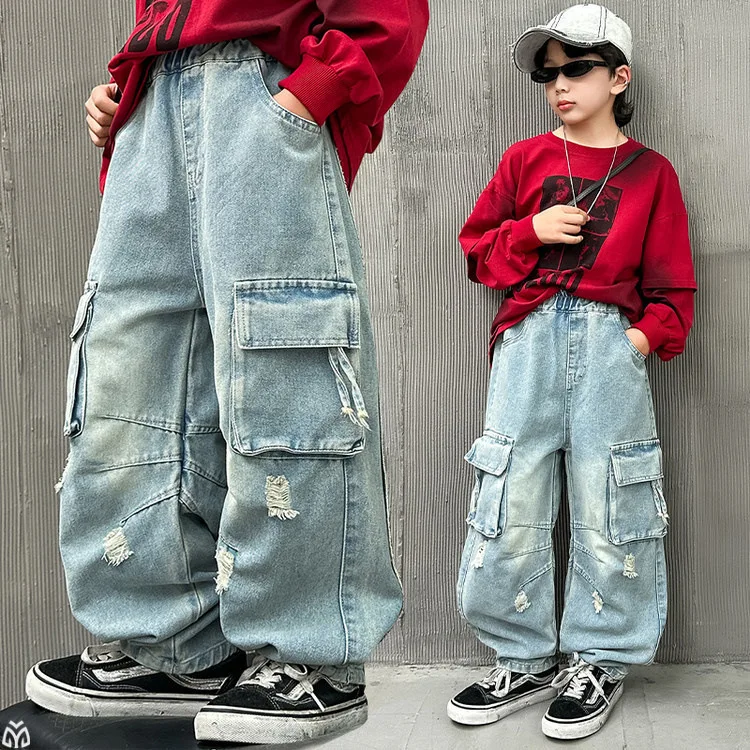 

Teenage Boys Hip Hop Streetwear Workwear Jeans Spring Autumn 2025 New Style Children Handsome Trendy Ripped Wide-leg Pants