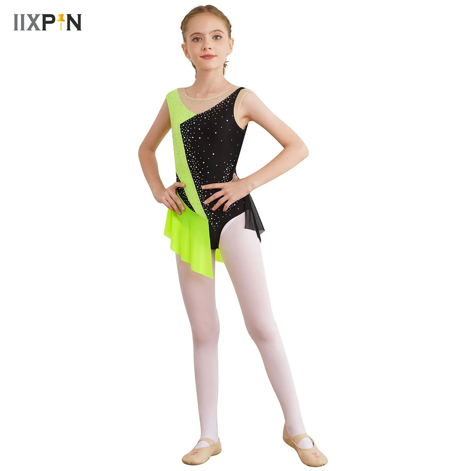 

Kids Girls Gymnastics Leotards Dancewear Sleeveless Rhinestone Sheer Mesh Patchwork Bodysuit Figure Skating Ballet Dance Dress