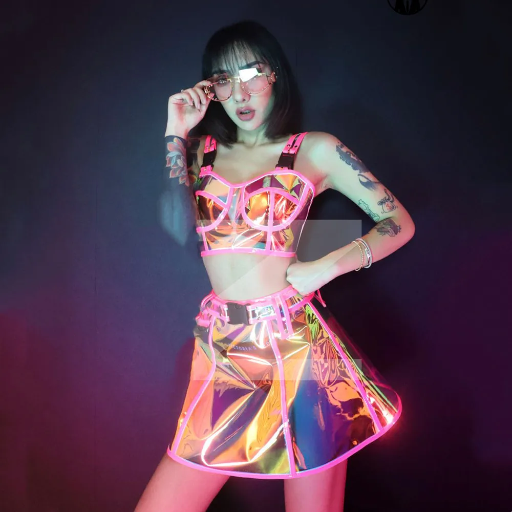 

New Music Festival Clothing Sexy Nightclub Bar Leopard Laser Bra Skirt Outfits Singer Dancer Team Gogo Performance Costume Set