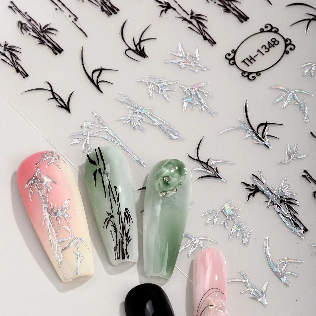 3D Lotus Bamboo Plum Blossom Nail Stickers Chinese Ink Style Self-Adhesive Nail Art Decals DIY Manicure Decorations