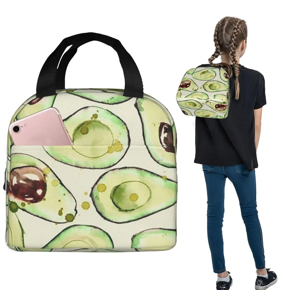 

Термосумка для обедов с мультяшным рисунком авокадо для женщин и детей, портативный контейнер для еды, термосумка-тоут
