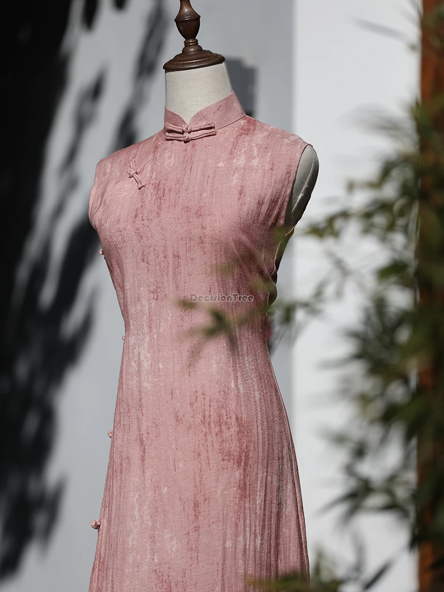 

Новинка 202, китайское ретро элегантное стильное розовое женское платье Cheongsam, летнее платье без рукавов с воротником-стойкой, повседневная одежда, длинное утягивающее Ципао
