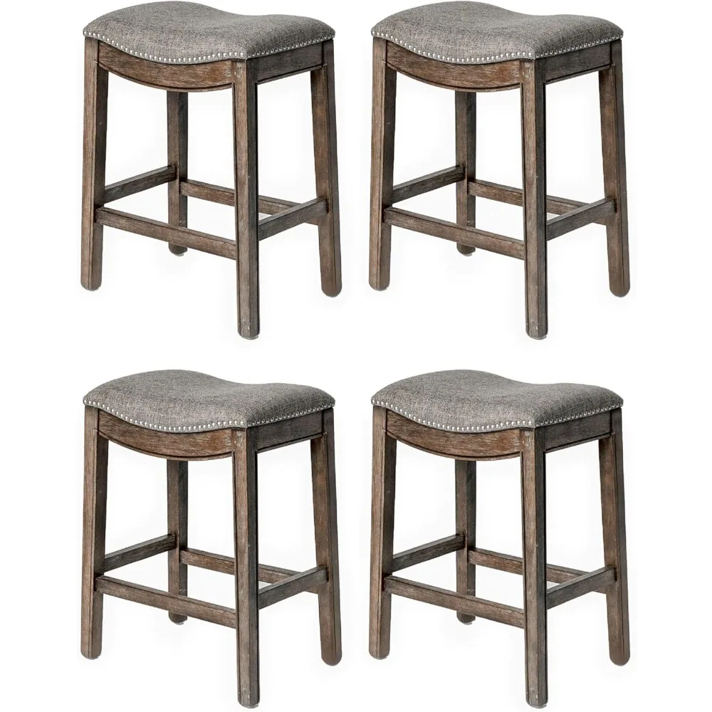 26 Inch Counter Height Upholstered Backless Saddle Barstool in Dark Walnut Finish with Ash Grey Fabric Cushion Seat, Set of 4