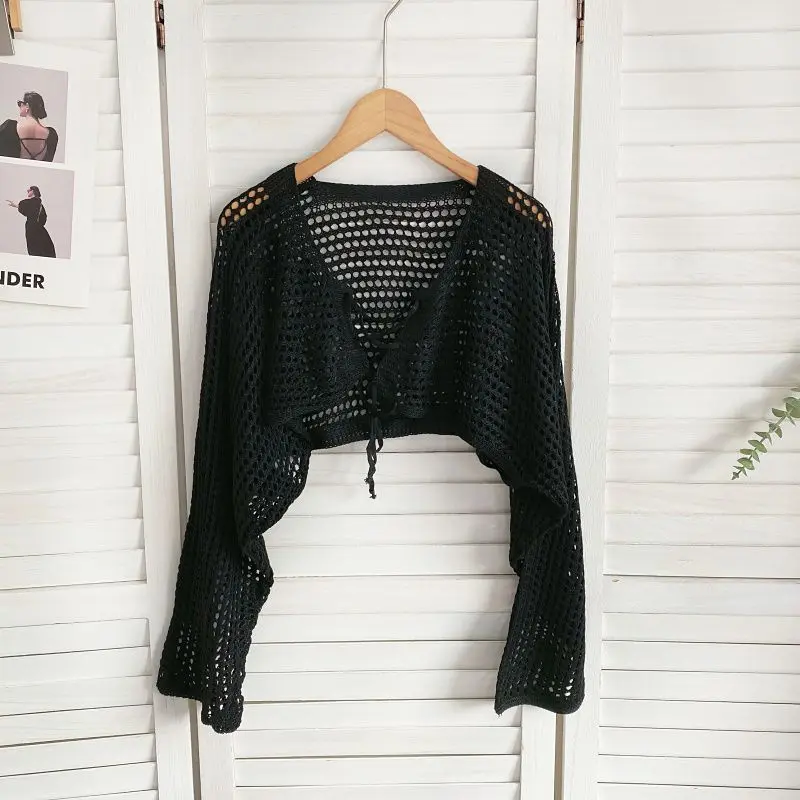 Spring and summer new sweater cardingans sense niche lace up long sleeved hollow short knitted sunscreen cardigan top women