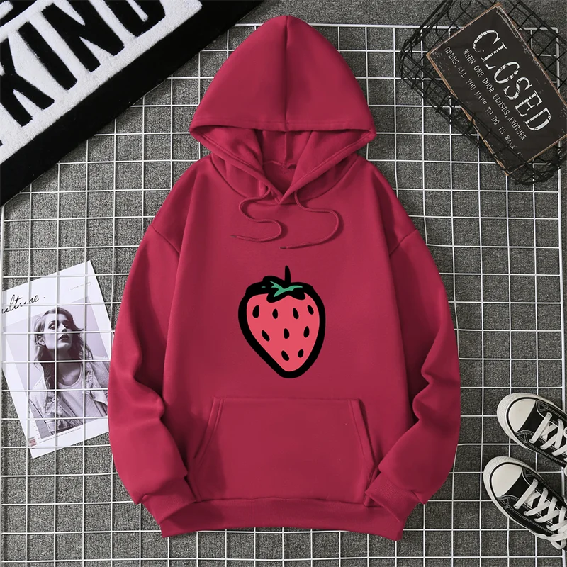 2025 New Hooded Sweatshirt Strawberry Cartoon Print Street Fashion Model Wearing Black White Unisex Casual Hoodie CYXX368