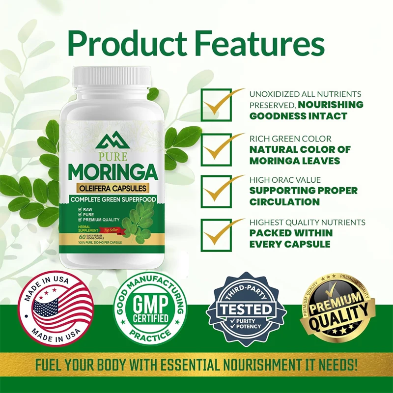 Moringa Capsules -60 capsules 3X high-efficiency antioxidant 100% pure Moringa leaf powder for metabolism and lactation support