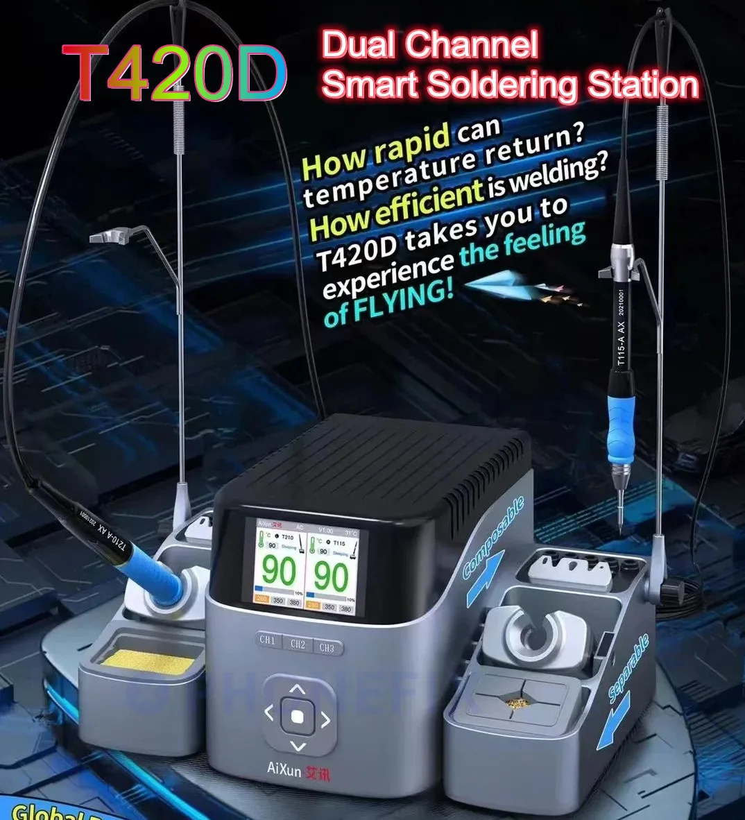 AIXUN 지능형 듀얼 채널 용접 스테이션, T245 T210 T115 핸들 팁, PCB IC 수리 납땜 도구, T420D