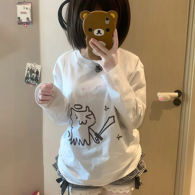 T-shirt à manches longues pour femmes, ample et décontracté, blanc, imprimé chat esprit de combat japonais, Harajuku Kawaii, vêtements surdimensionnés, automne