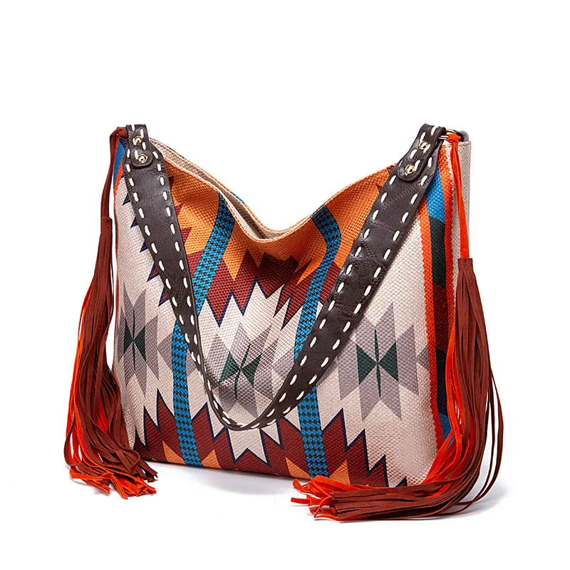 

2025 Bohemia Style Women Tassel Large Capacity Totes Female New Fashion Linen Handbags Retro Beach Shoulder Bag Underarm Bag