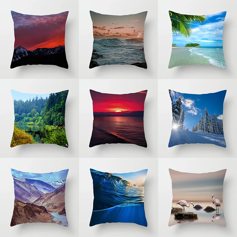

Landscape print pillow cover living room sofa ornaments office cushion bed home decoration 45x45cm