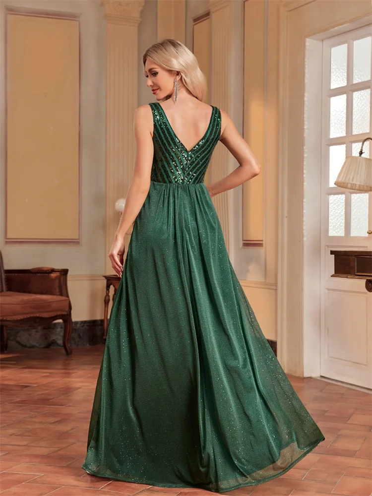 XUIBOL Luxury Sequins Sleeveless Formal Evening Dress Women 2024 Sexy Backless Green V-Neck Wedding Party Graduation Prom Dress