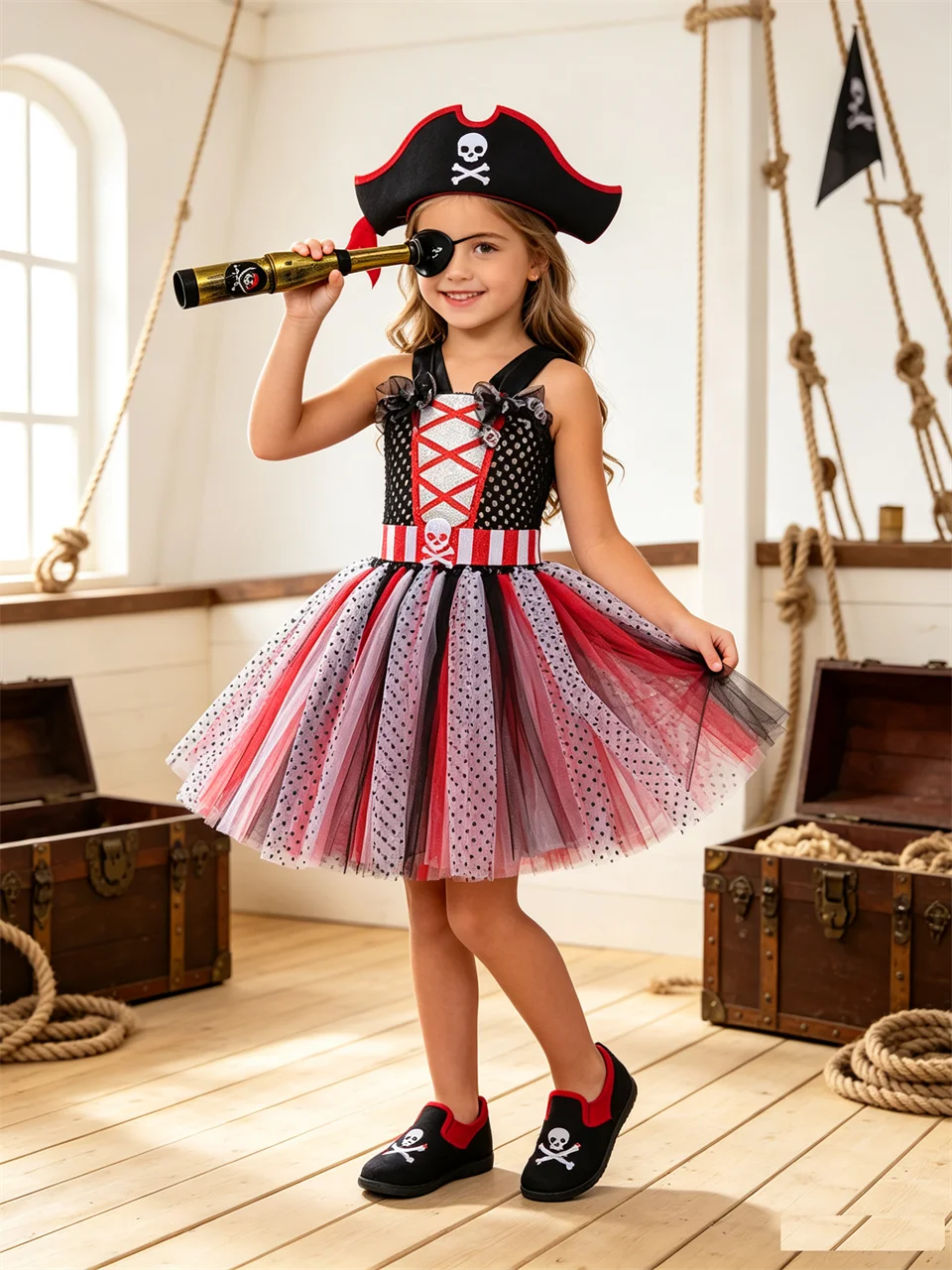 Disguised Child Pirate Captain Princess Fluffy Mesh Tutu Dress Halloween Cosplay Masquerade Performance Carnival Girls Outfits