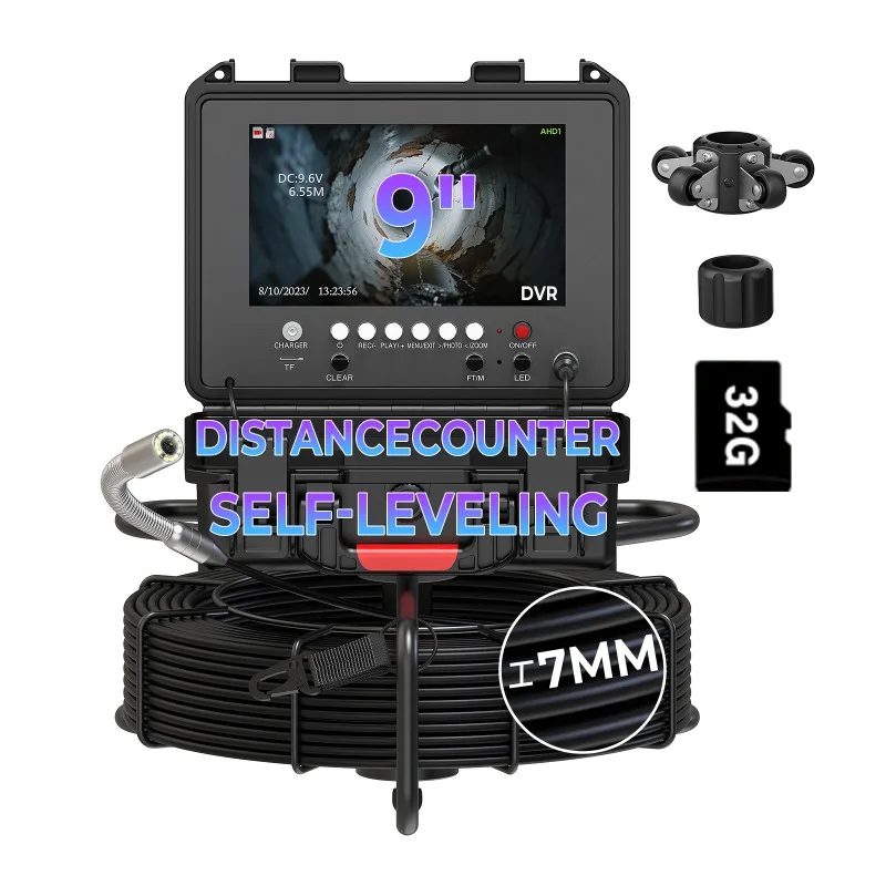 9 Inch DVR Pipe Inspection Camera With 7mm Cable, 512Hz Sonde, IP68 Self-Leveling Sewer Camera