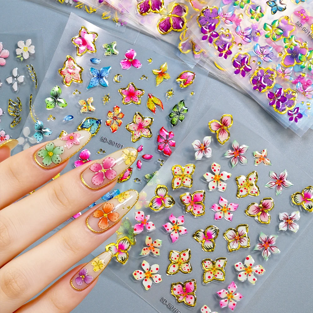 5D Bronzing Gold Hibiscus Flower Nail Stickers Embossed Colorful Metal Lily Floral Nail Decals Soft Gel Leopard Lily Nail Charms