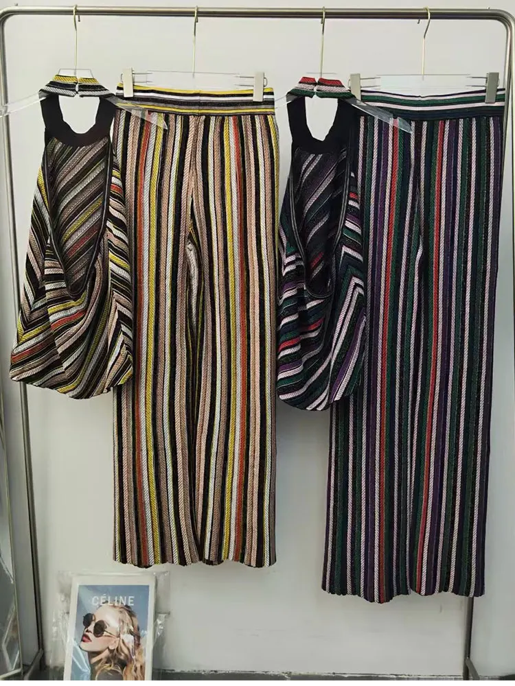 Retro striped contrast temperament knitting suit hanging neck sleeveless top high waist wide-leg pants summer new two-piece suit