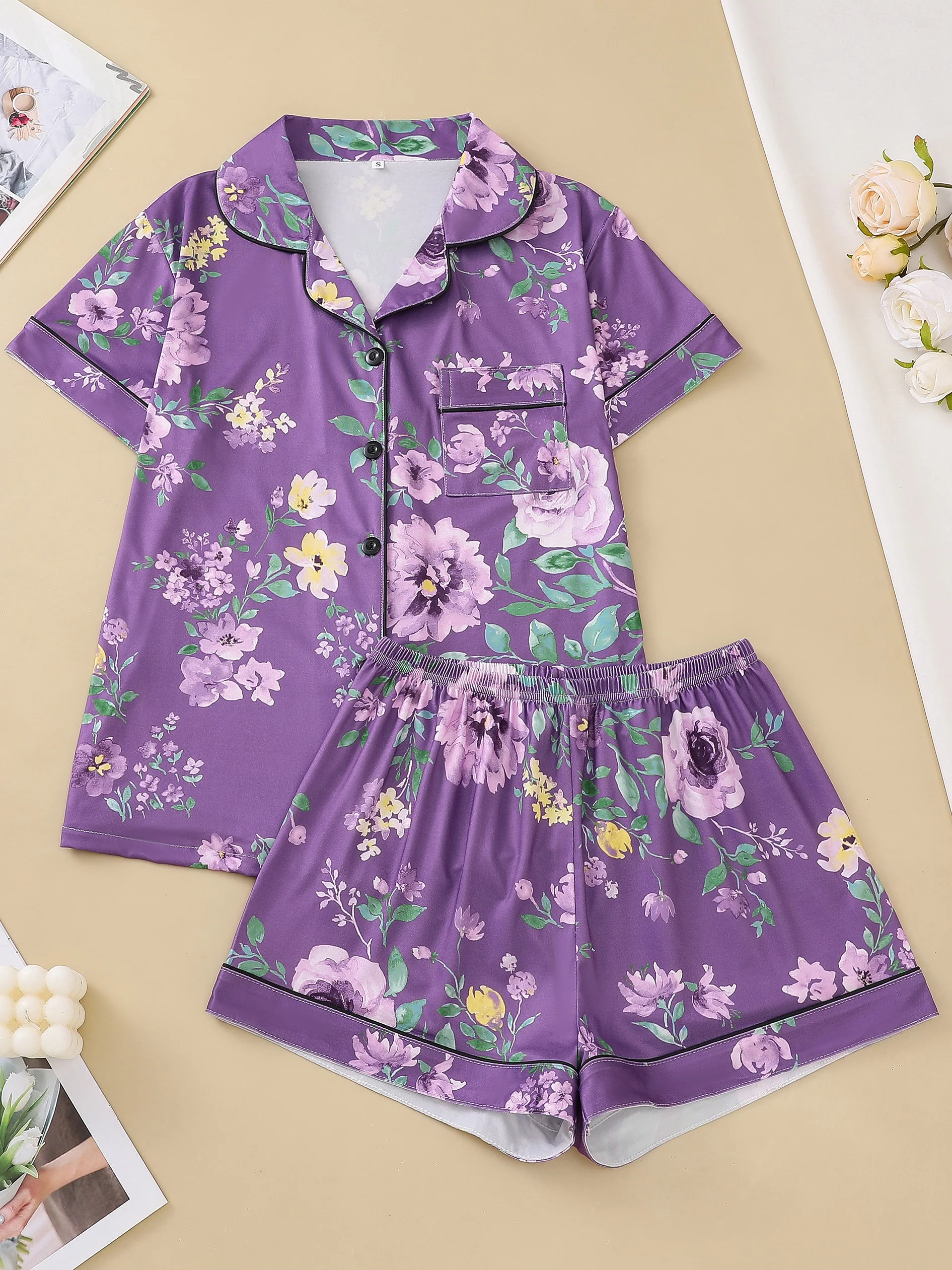 

Purple base light purple floral cardigan women's sleepwear set short sleeved top and loose pants comfortable women's sleepwear