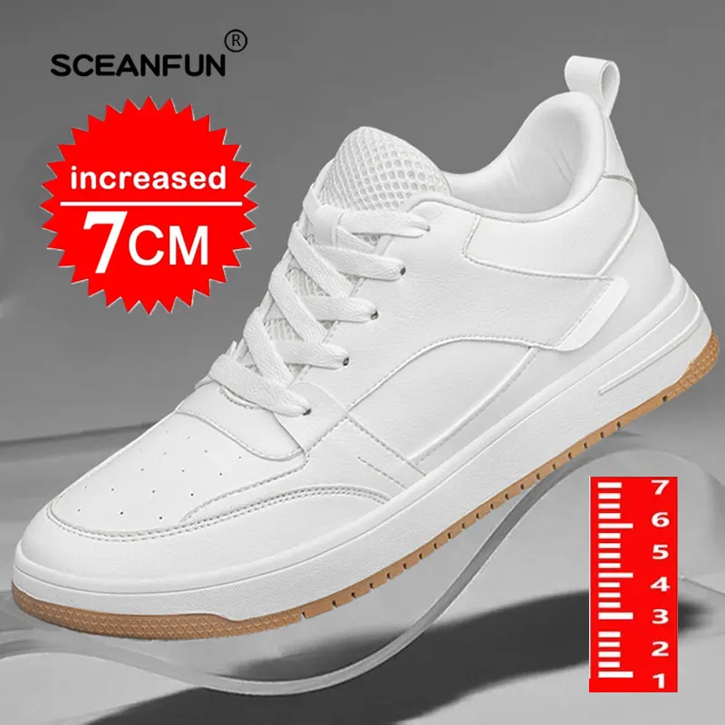 Tênis de couro genuíno para homens, calçados esportivos, palmilhas respiráveis, altura crescente sapatos, tênis designer, alta qualidade, 6/8 cm