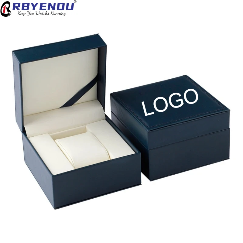 Blue PU Leather Watch Box Inner White 1Pcs Free Custom Logo Anti Pressure Shock Resistant Watch Packaging Storage Box Wholesale