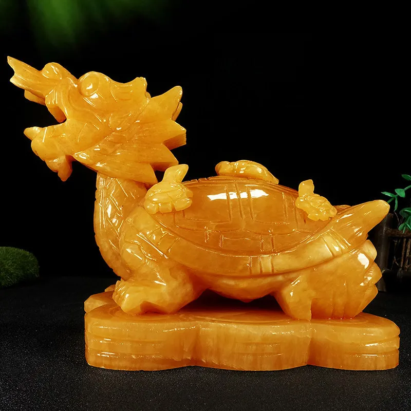 Natural jade beige jade fortune-bringing dragon turtle ornament, Chinese-style living room and office decoration