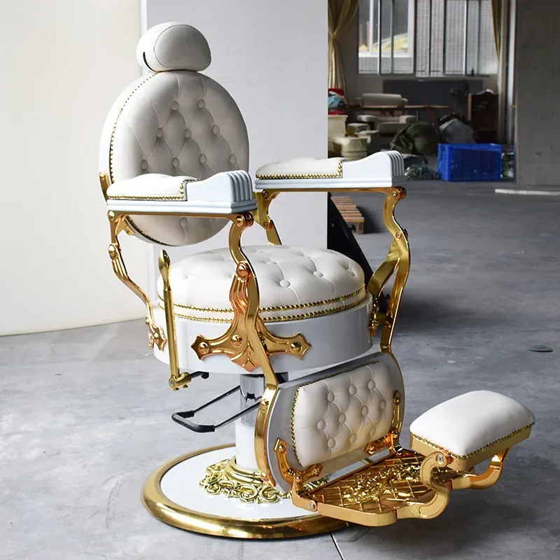 Vintage White Gold Luxury Beauty Hair Salon Shaving Barber Chair Hydraulic Saloon Chair Salon Furniture Styling