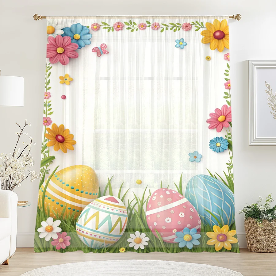1 Stück transparenter Vorhang, Ostereier und bunte Blumen, geeignet für Schlafzimmer und Wohnzimmer, Stil mit Stangenfach
